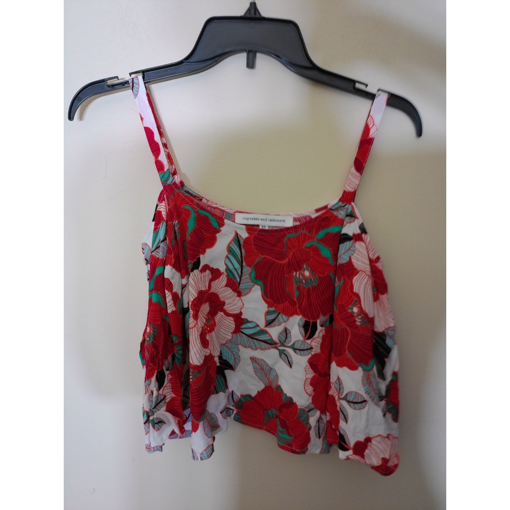 Cupcakes and Cashmere Cold Shoulder Top Womens XS Red Floral Boho Cropped Airy